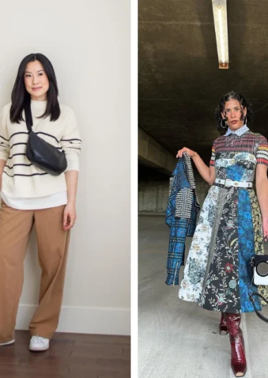 Two women displaying Minimalist vs. Maximalist Fashion outfits side by side