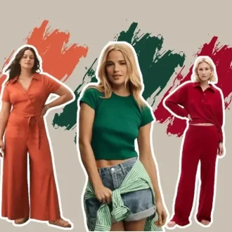 Three women showcasing warm and cool colors in fashion. The woman on the left wears a warm orange jumpsuit, the woman in the center wears a cool green top with a green striped shirt and denim shorts, and the woman on the right wears a cool red outfit with a sweater and pants. The background features brush strokes in complementary warm and cool colors, emphasizing the contrast of warm vs cool colors in their outfits.