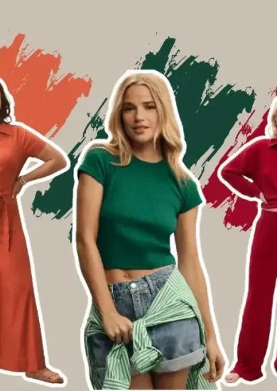 Three women showcasing warm and cool colors in fashion. The woman on the left wears a warm orange jumpsuit, the woman in the center wears a cool green top with a green striped shirt and denim shorts, and the woman on the right wears a cool red outfit with a sweater and pants. The background features brush strokes in complementary warm and cool colors, emphasizing the contrast of warm vs cool colors in their outfits.
