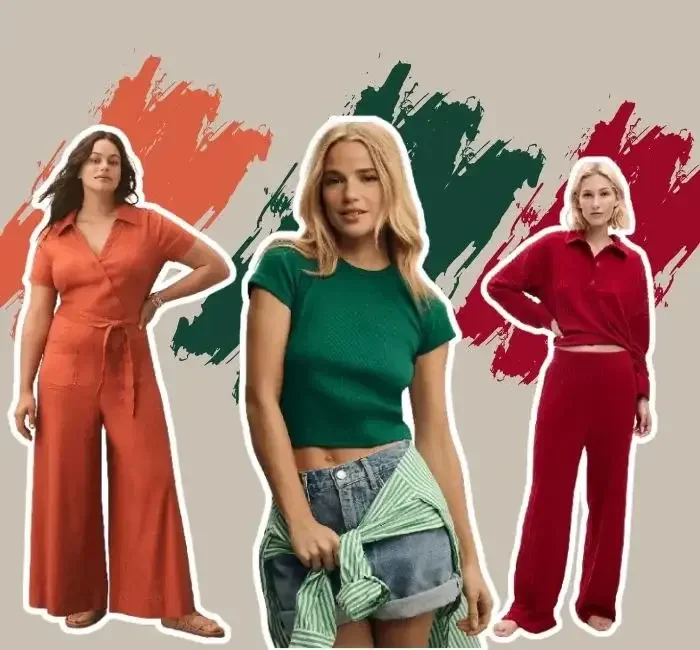 Three women showcasing warm and cool colors in fashion. The woman on the left wears a warm orange jumpsuit, the woman in the center wears a cool green top with a green striped shirt and denim shorts, and the woman on the right wears a cool red outfit with a sweater and pants. The background features brush strokes in complementary warm and cool colors, emphasizing the contrast of warm vs cool colors in their outfits.