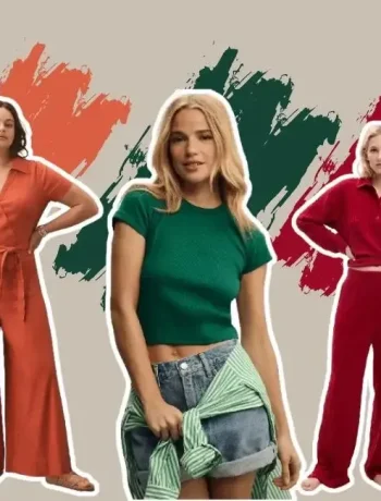 Three women showcasing warm and cool colors in fashion. The woman on the left wears a warm orange jumpsuit, the woman in the center wears a cool green top with a green striped shirt and denim shorts, and the woman on the right wears a cool red outfit with a sweater and pants. The background features brush strokes in complementary warm and cool colors, emphasizing the contrast of warm vs cool colors in their outfits.