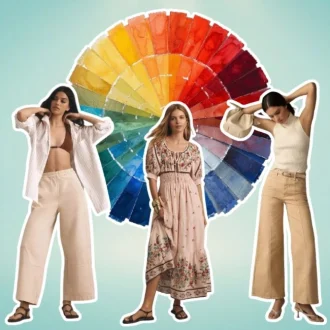 Three women wearing neutral-toned outfits stand in front of a vibrant color wheel. The image demonstrates the balance of neutral foundation pieces with colorful accents, illustrating the principles of color theory for clothing.