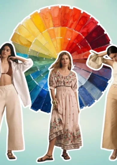 Three women wearing neutral-toned outfits stand in front of a vibrant color wheel. The image demonstrates the balance of neutral foundation pieces with colorful accents, illustrating the principles of color theory for clothing.