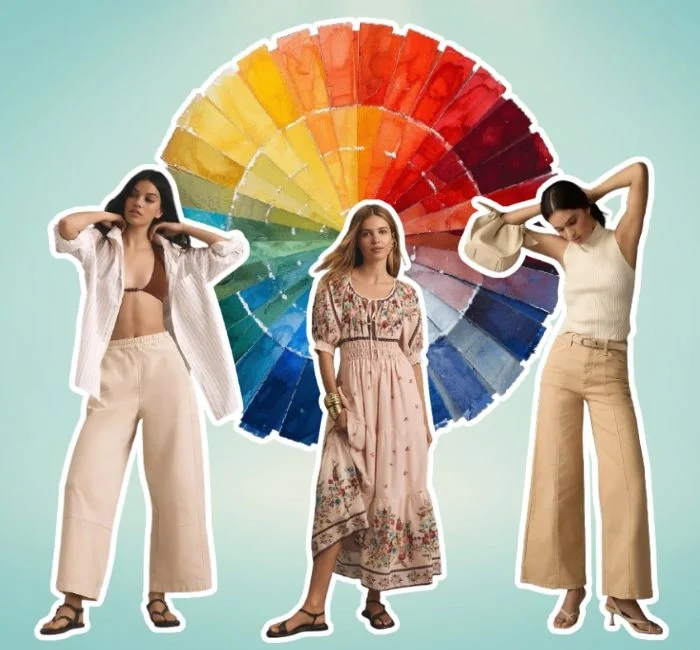 Three women wearing neutral-toned outfits stand in front of a vibrant color wheel. The image demonstrates the balance of neutral foundation pieces with colorful accents, illustrating the principles of color theory for clothing.