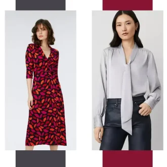 Side-by-side image showcasing a red floral wrap top dress with a flattering V-neckline and tie-waist detail next to an elegant satin grey tie-front wrap top blouse, perfect for versatile and chic styling.