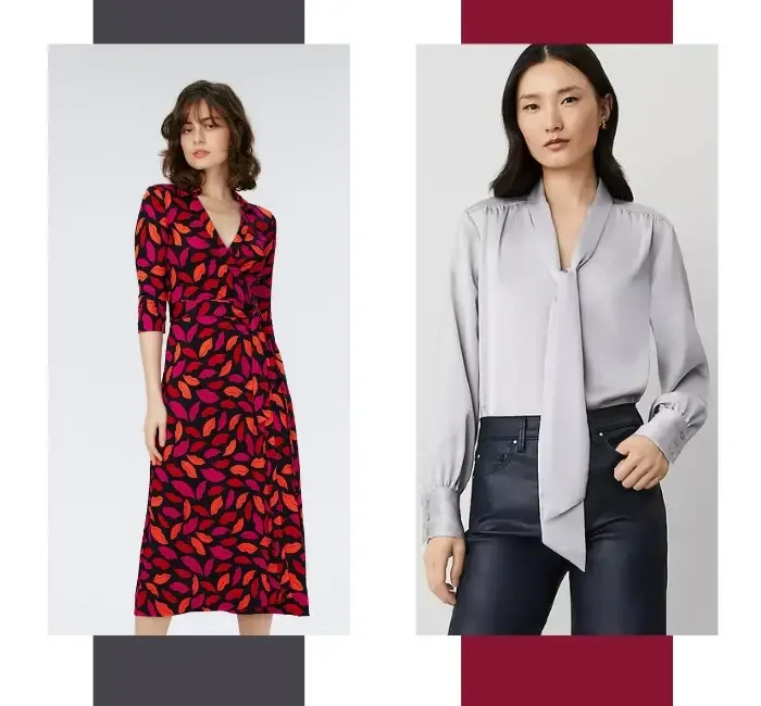 Side-by-side image showcasing a red floral wrap top dress with a flattering V-neckline and tie-waist detail next to an elegant satin grey tie-front wrap top blouse, perfect for versatile and chic styling.