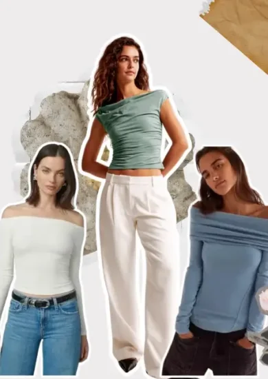 collage of women wearing off the shoulder blouses