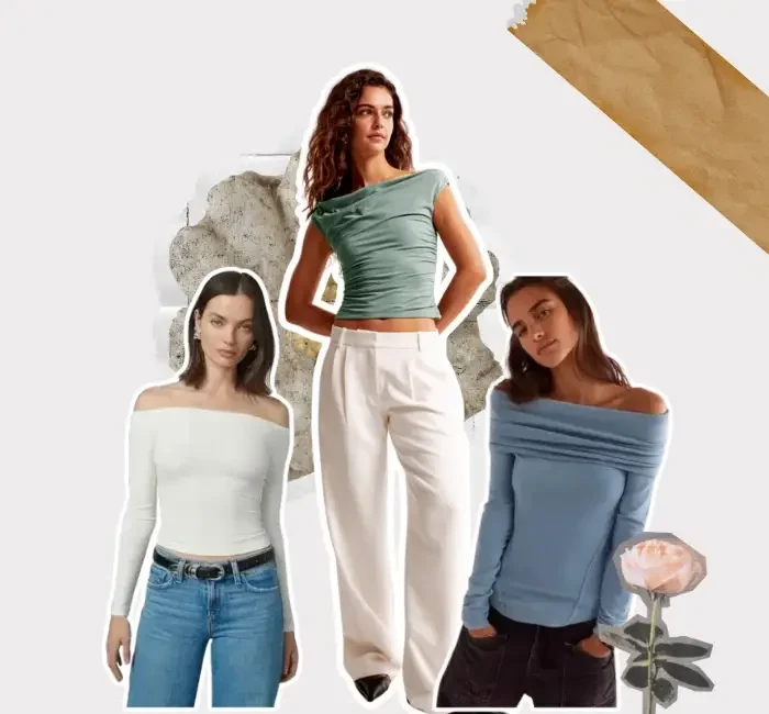 collage of women wearing off the shoulder blouses