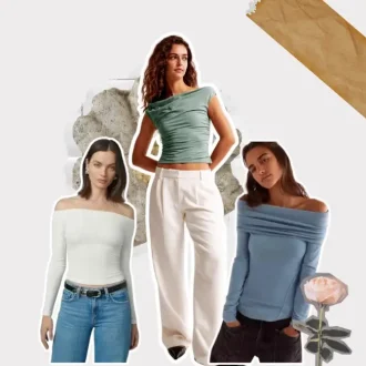 collage of women wearing off the shoulder blouses