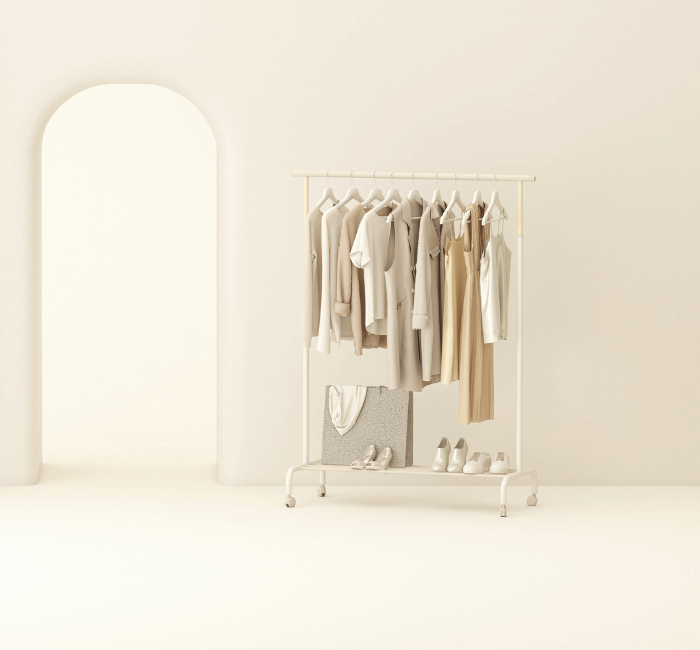 Minimalist aesthetic clothing hanging on a rack with an armchair, set against a pastel beige background in a creative 3D render composition.
