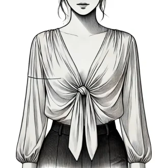 An illustration showing the first step in tying a blouse in the front. A woman is wearing a blouse with the front ties hanging down naturally, untied.