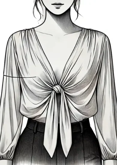 An illustration showing the first step in tying a blouse in the front. A woman is wearing a blouse with the front ties hanging down naturally, untied.