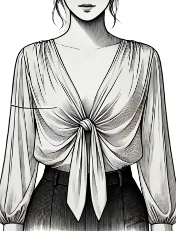 An illustration showing the first step in tying a blouse in the front. A woman is wearing a blouse with the front ties hanging down naturally, untied.