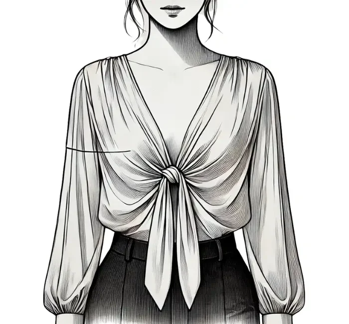 An illustration showing the first step in tying a blouse in the front. A woman is wearing a blouse with the front ties hanging down naturally, untied.